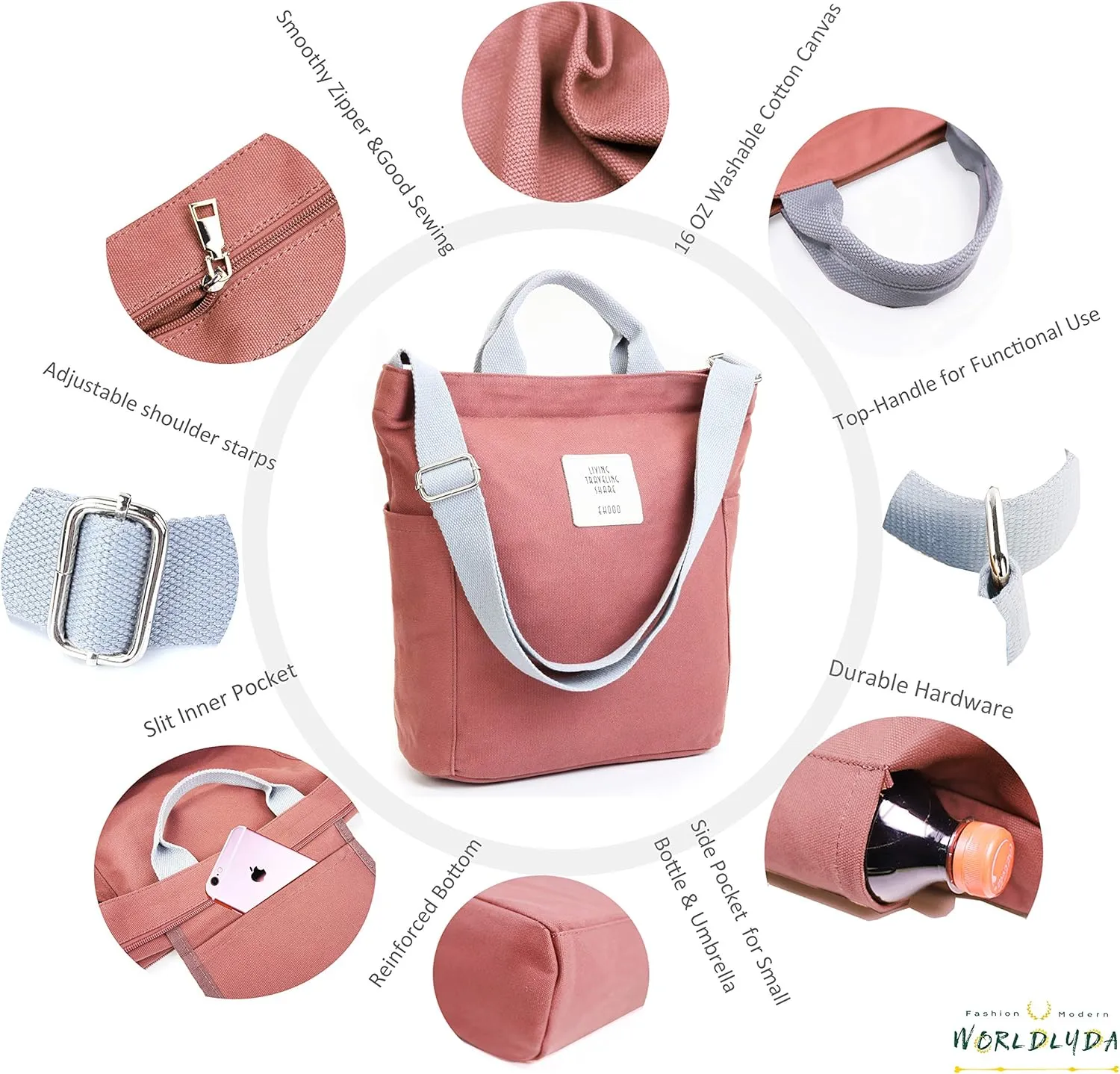 Worldlyda Women Canvas Tote Purse Large Shoulder Bag Casual Crossbody Hobo Top Handle Handbags