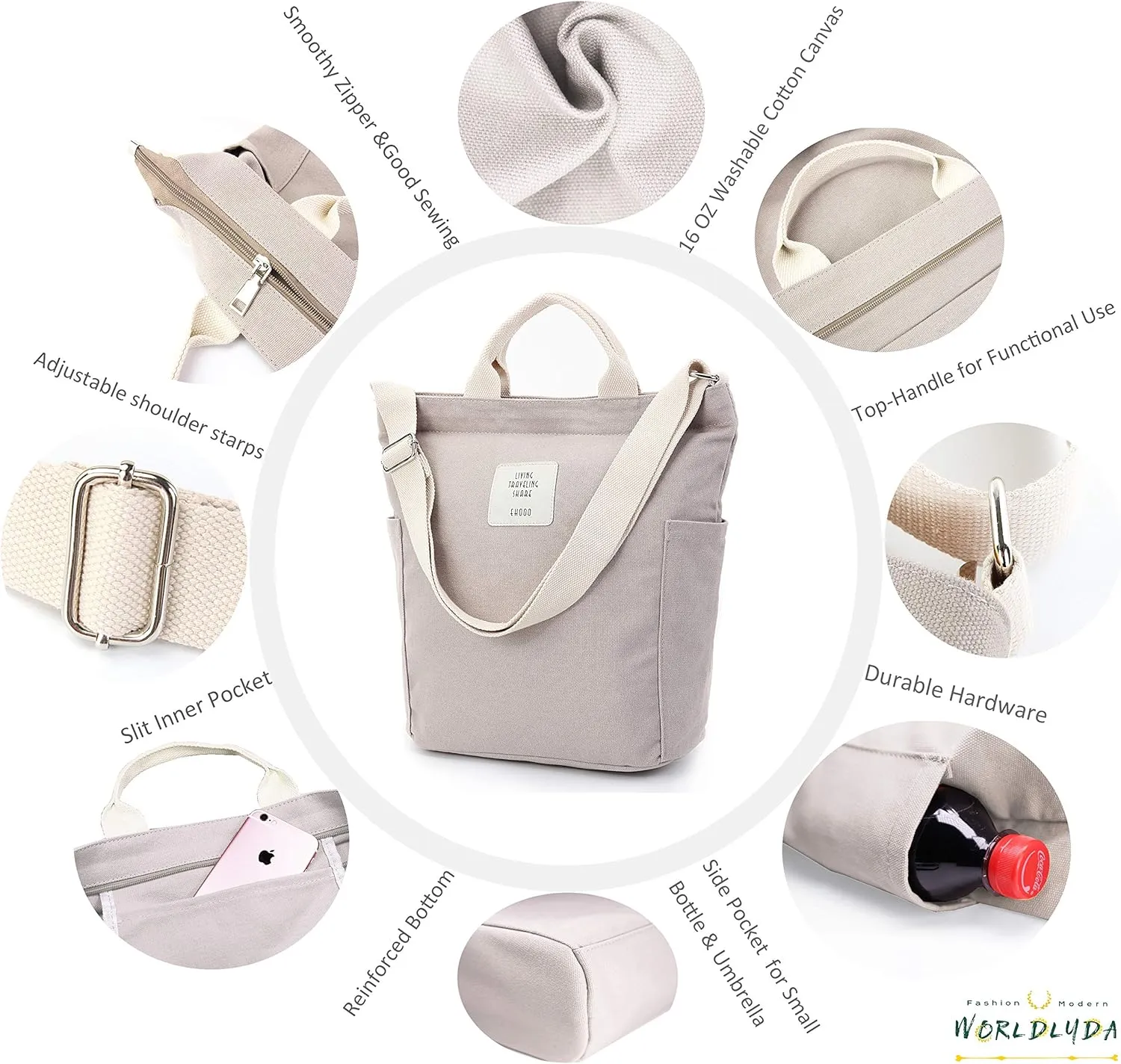 Worldlyda Women Canvas Tote Purse Large Shoulder Bag Casual Crossbody Hobo Top Handle Handbags