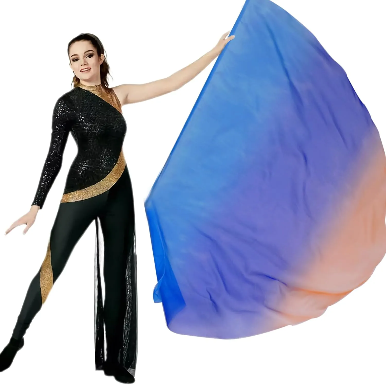 Worship Flags with Scalable Rod, 59" Semicircle Sheer Silk-like Chiffon Flag for Dance Practice Performance, Church Praise Dance Flags, Spinning Veil Scarf Poi Ribbon, Banderas de Danza, Large (B3)