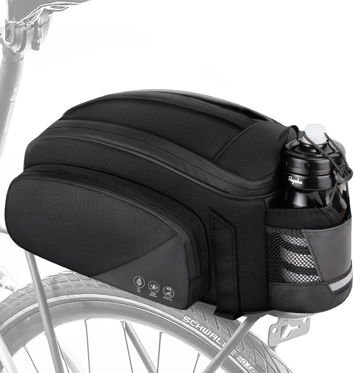 WOTOW Rear Rack Bag, 12L Waterproof Reflective Bicycle Trunk Bag, Cycling Rear Seat Carrier Backseat Storage Luggage with Water Bottle Holder, Shoulder Strap for MTB Bike E-Bike