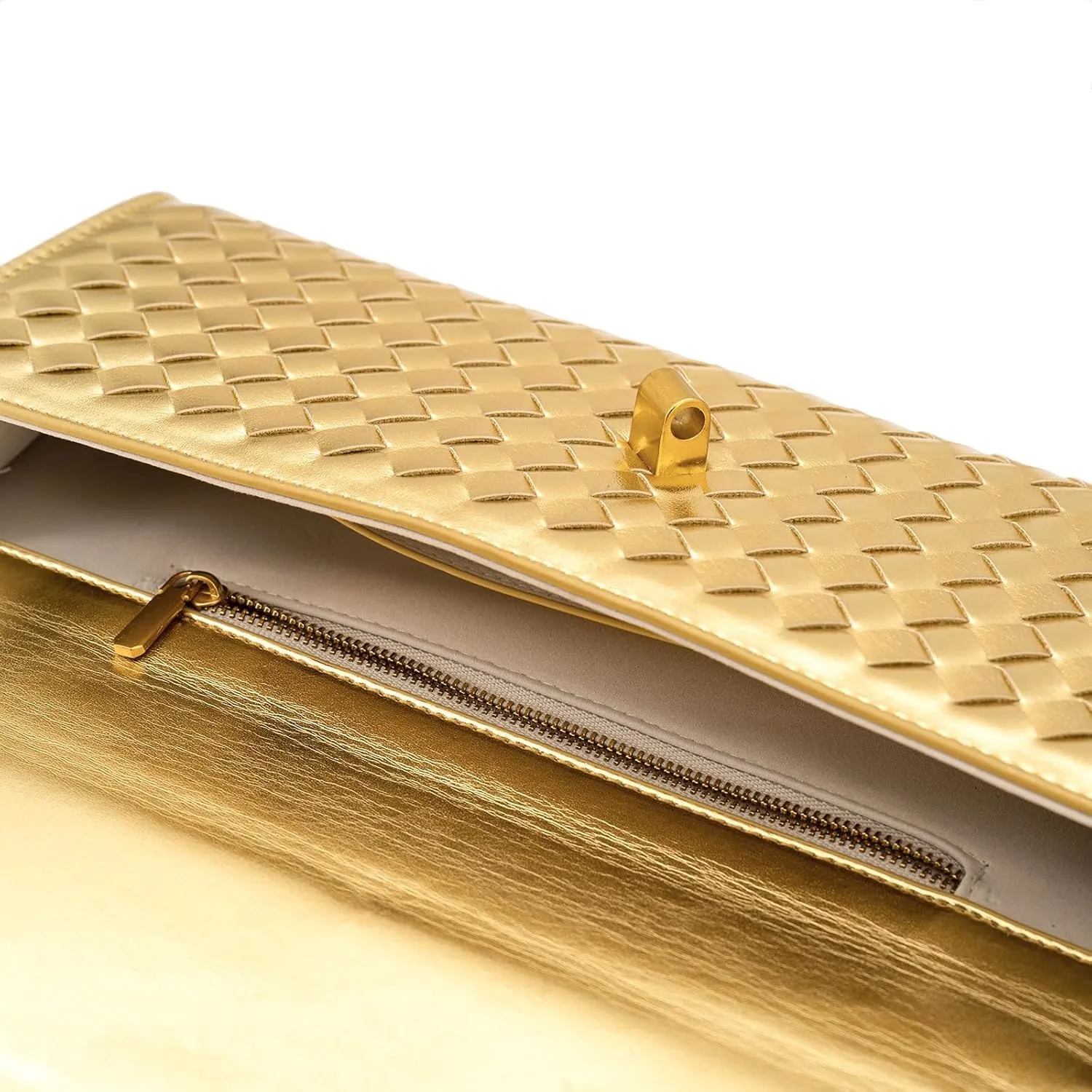 Woven Clutch Purse Ladies Top Handle Handbag Leather Crossbody Shoulder Bag with Detachable Strap