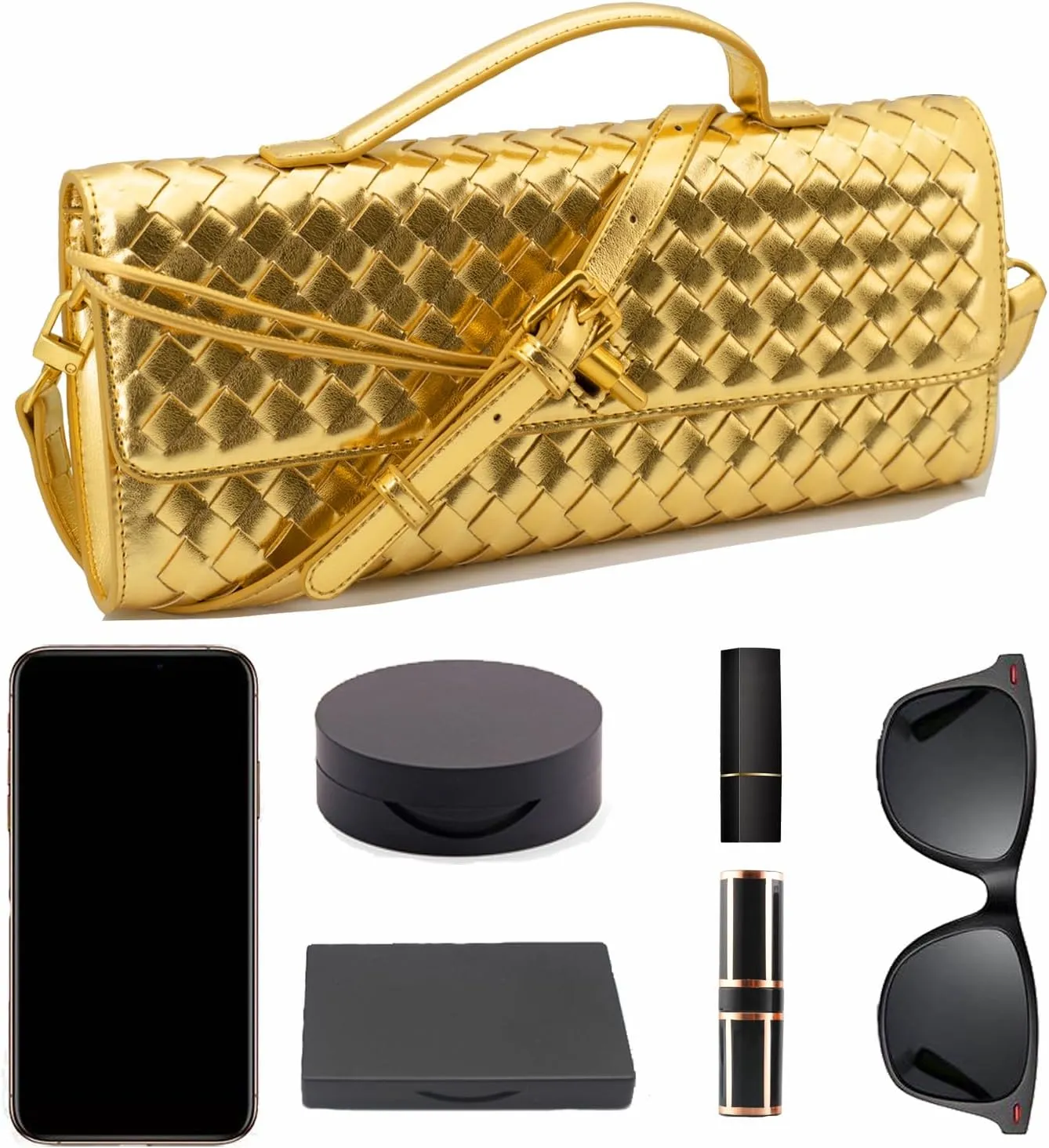 Woven Clutch Purse Ladies Top Handle Handbag Leather Crossbody Shoulder Bag with Detachable Strap