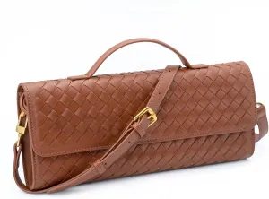 Woven Clutch Purse Ladies Top Handle Handbag Leather Crossbody Shoulder Bag with Detachable Strap