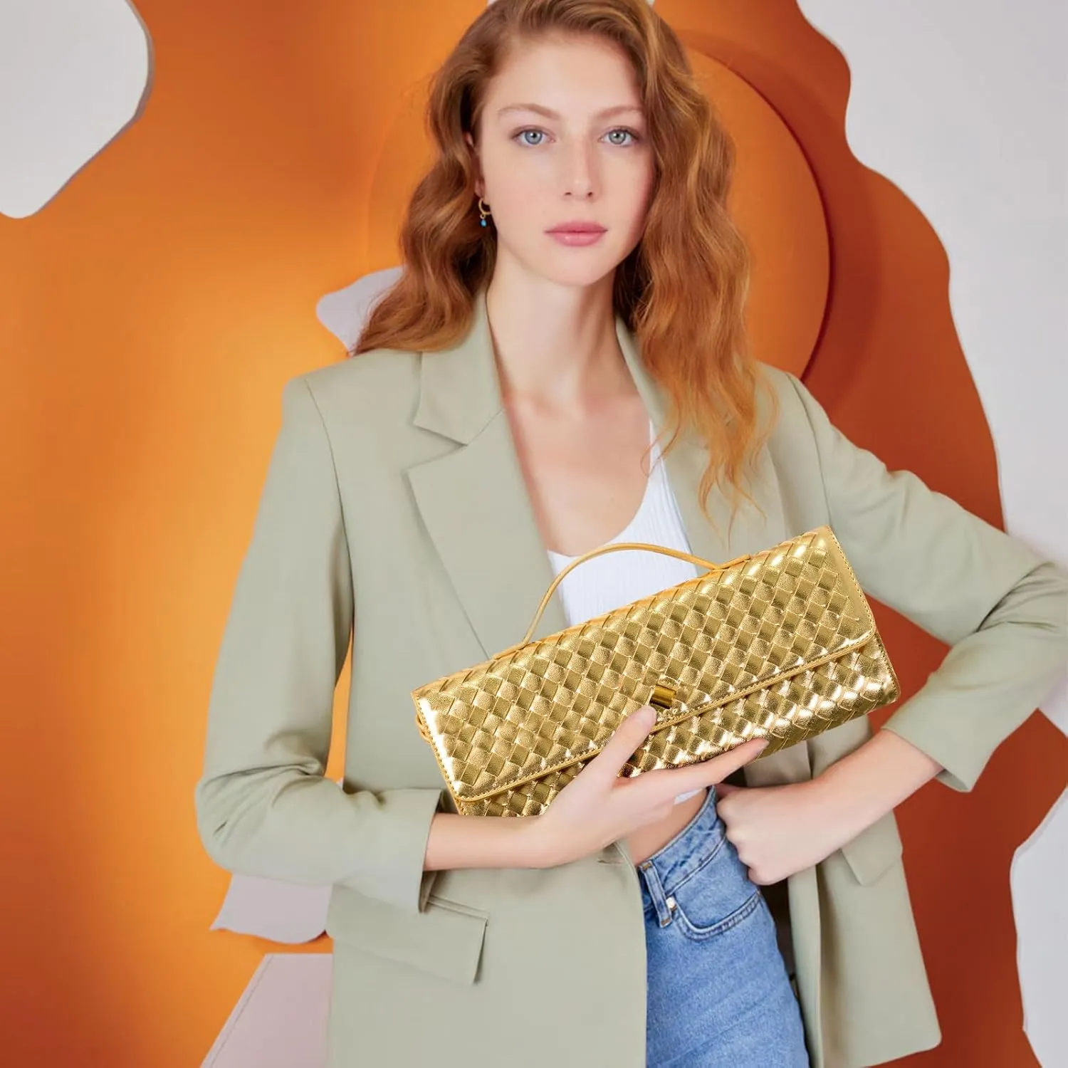 Woven Clutch Purse Ladies Top Handle Handbag Leather Crossbody Shoulder Bag with Detachable Strap