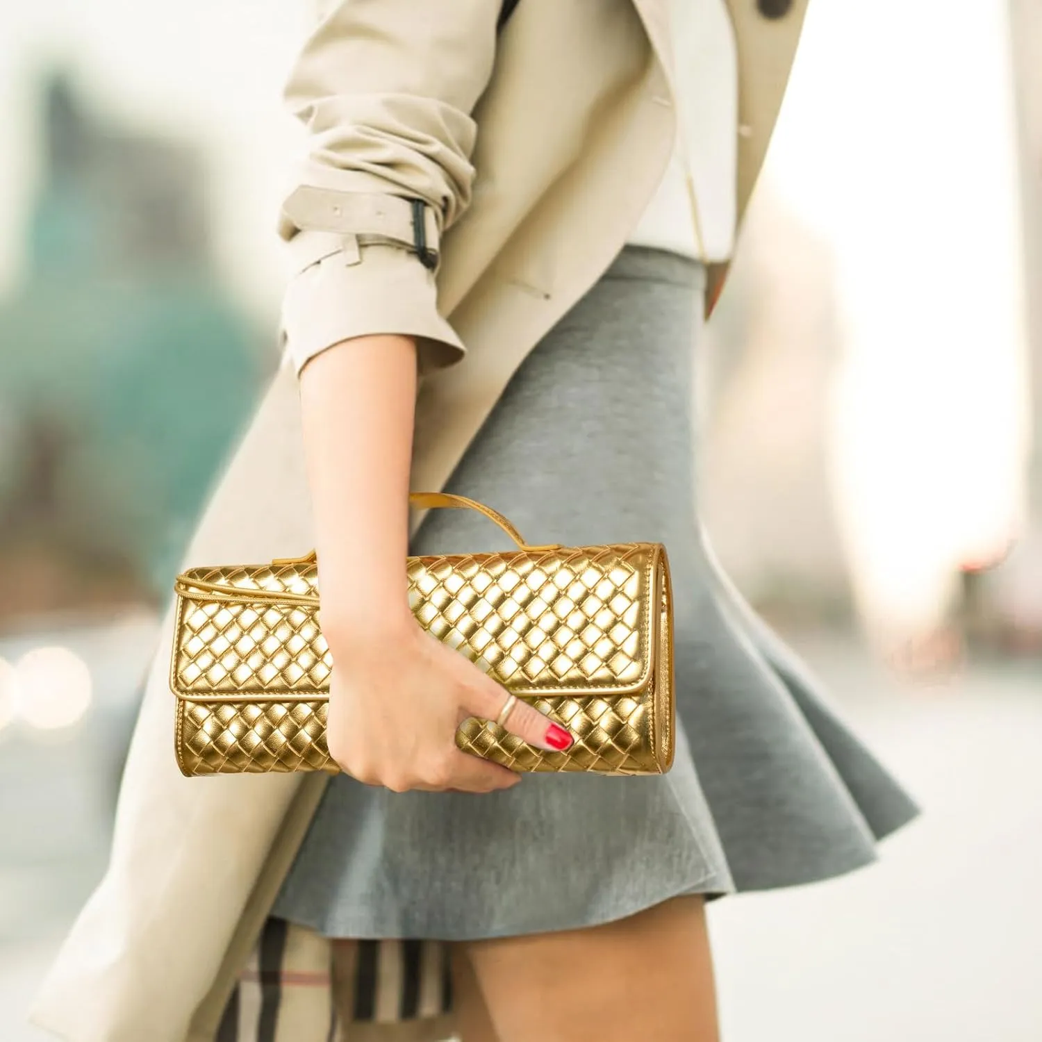 Woven Clutch Purse Ladies Top Handle Handbag Leather Crossbody Shoulder Bag with Detachable Strap