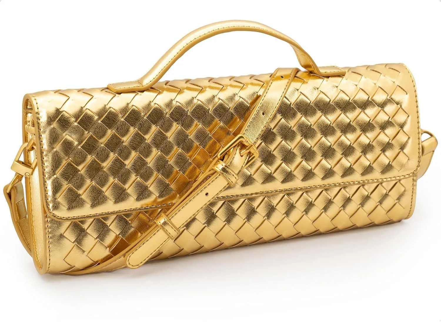 Woven Clutch Purse Ladies Top Handle Handbag Leather Crossbody Shoulder Bag with Detachable Strap