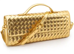 Woven Clutch Purse Ladies Top Handle Handbag Leather Crossbody Shoulder Bag with Detachable Strap