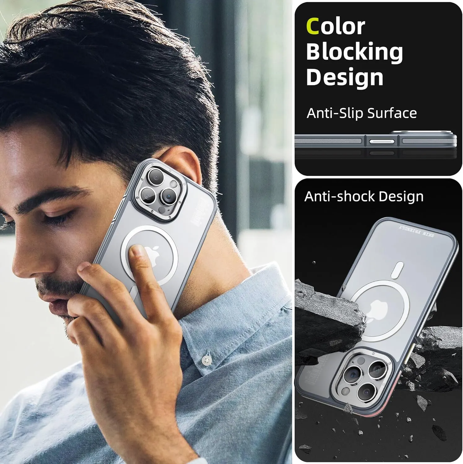 WSKEN Magnetic Case for iPhone 15 Pro Compatible with MagSafe [Skin Friendly] [Metal Camera Lens Frame Protection] Slim Translucent Matte Military Grade Shockproof Phone Cover,Silver