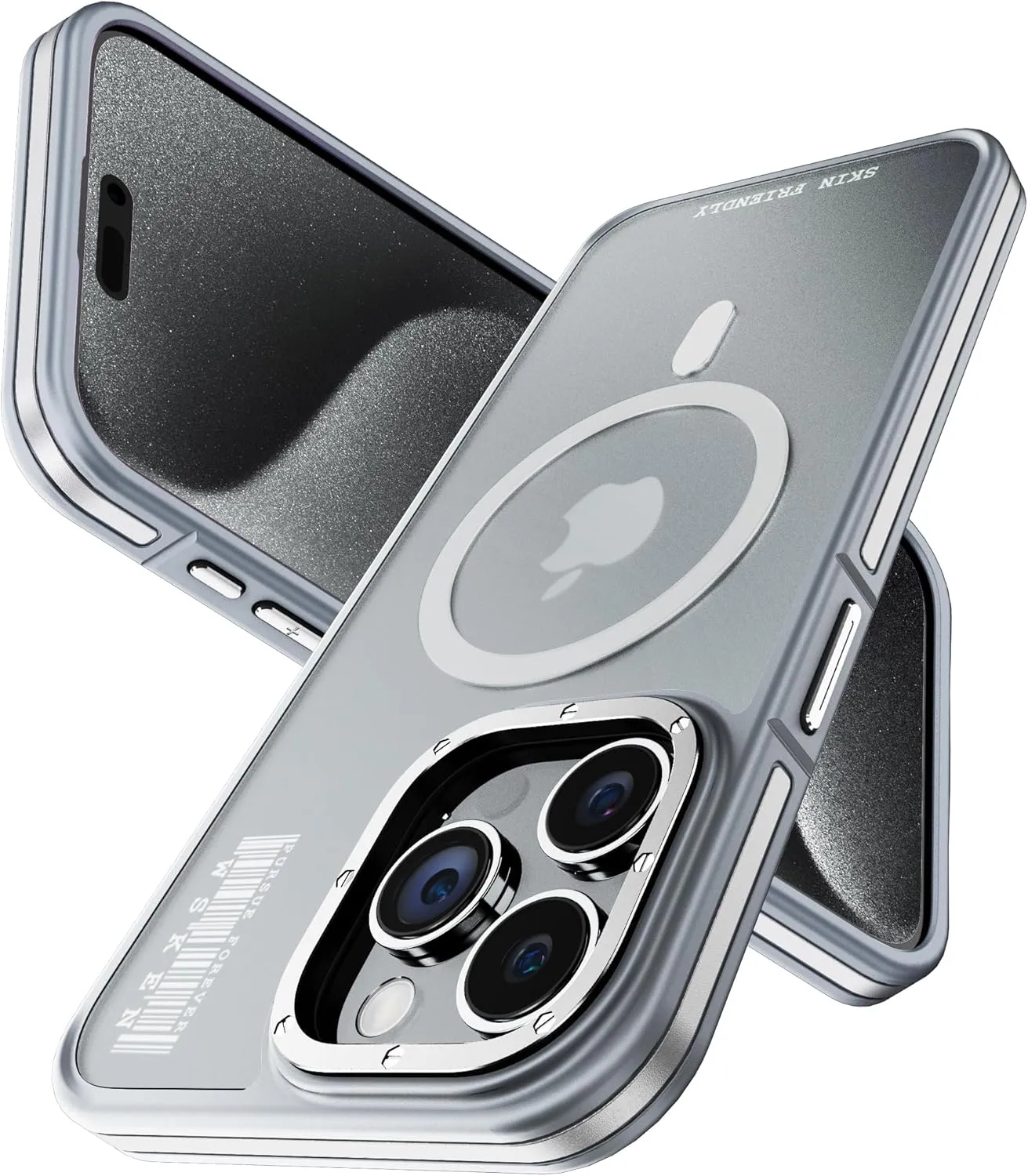 WSKEN Magnetic Case for iPhone 15 Pro Compatible with MagSafe [Skin Friendly] [Metal Camera Lens Frame Protection] Slim Translucent Matte Military Grade Shockproof Phone Cover,Silver