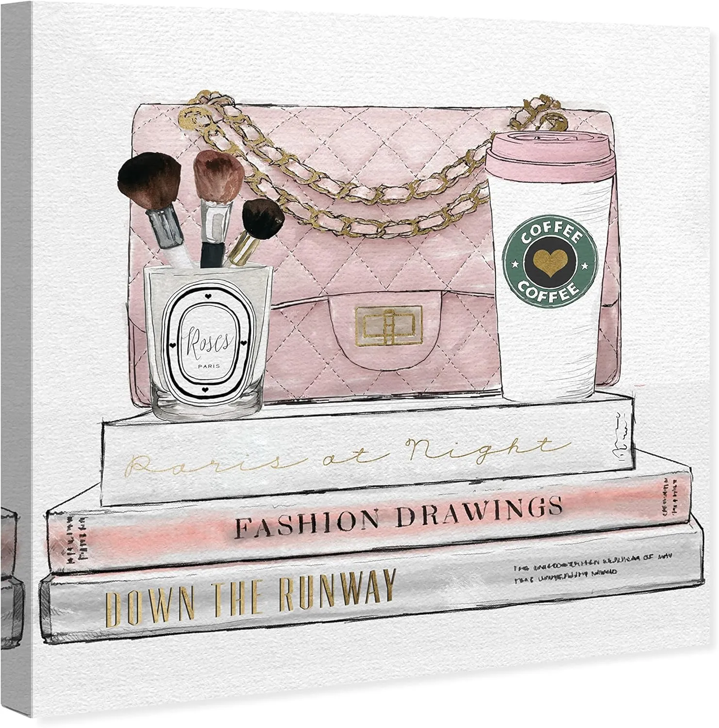 Wynwood Studio Fashion and Glam Contemporary Canvas Art - Paris Handbag Coffee and Make Up, Wall Art for Living Room, Bedroom, and Bathroom, 12 in x 12 in, Pink and White Home Decor