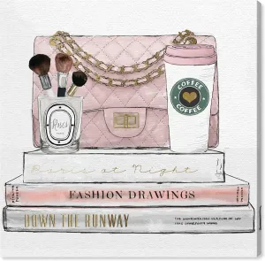 Wynwood Studio Fashion and Glam Contemporary Canvas Art - Paris Handbag Coffee and Make Up, Wall Art for Living Room, Bedroom, and Bathroom, 12 in x 12 in, Pink and White Home Decor
