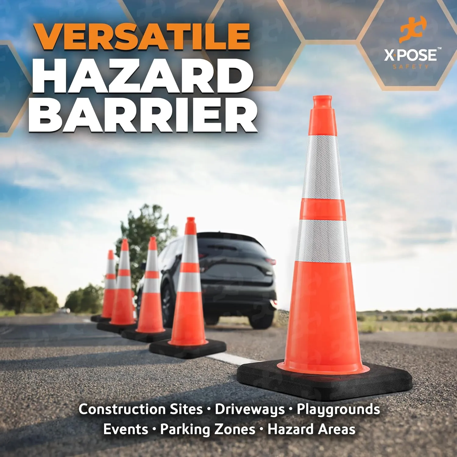 Xpose Safety 36 Inch Orange Slim Line Traffic Cones Heavy Duty 12lb with 6" & 4" Collars, 24 Pack Multipurpose PVC Plastic Safety Cone for Parking, Soccer, Caution, Kids and Construction