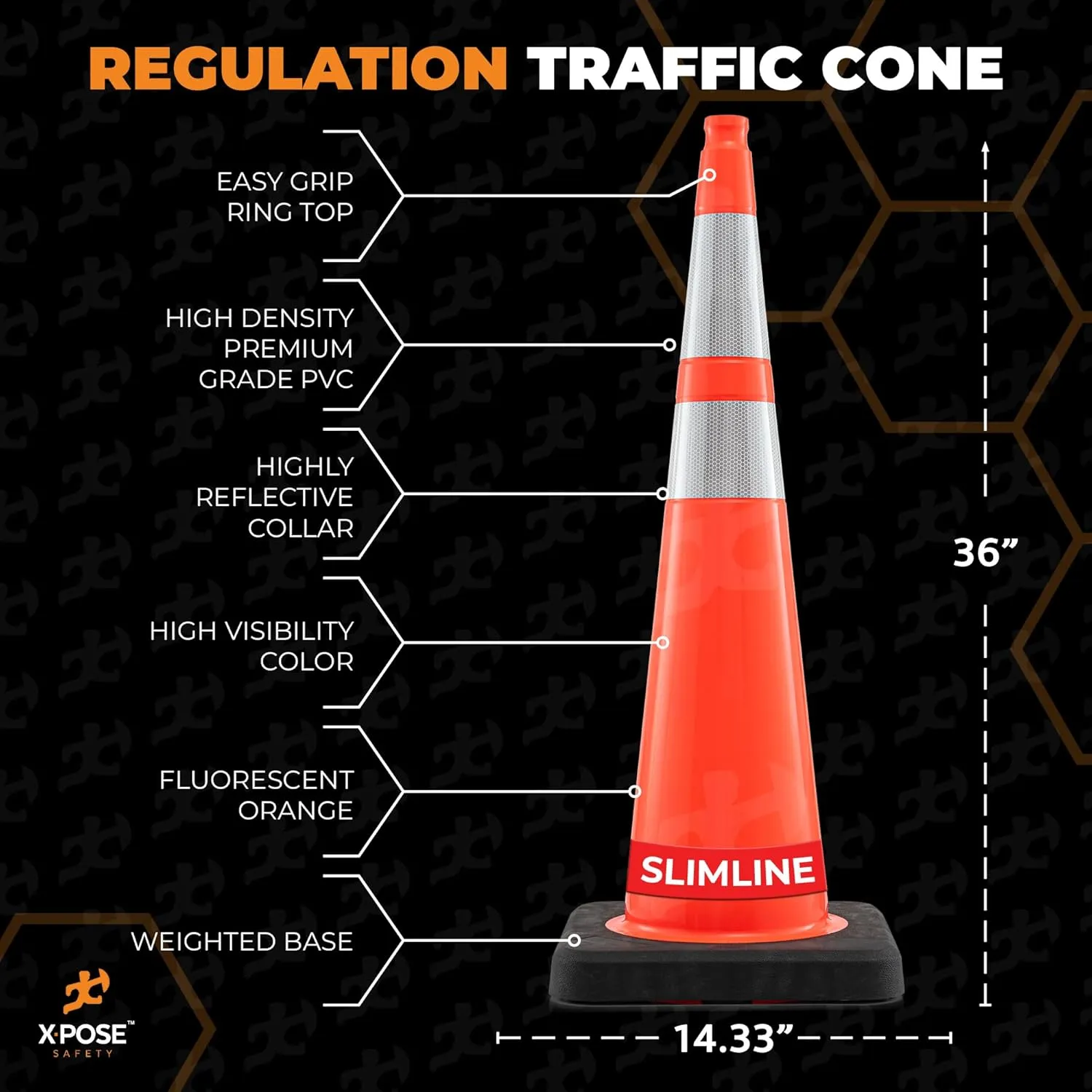 Xpose Safety 36 Inch Orange Slim Line Traffic Cones Heavy Duty 12lb with 6" & 4" Collars, 24 Pack Multipurpose PVC Plastic Safety Cone for Parking, Soccer, Caution, Kids and Construction