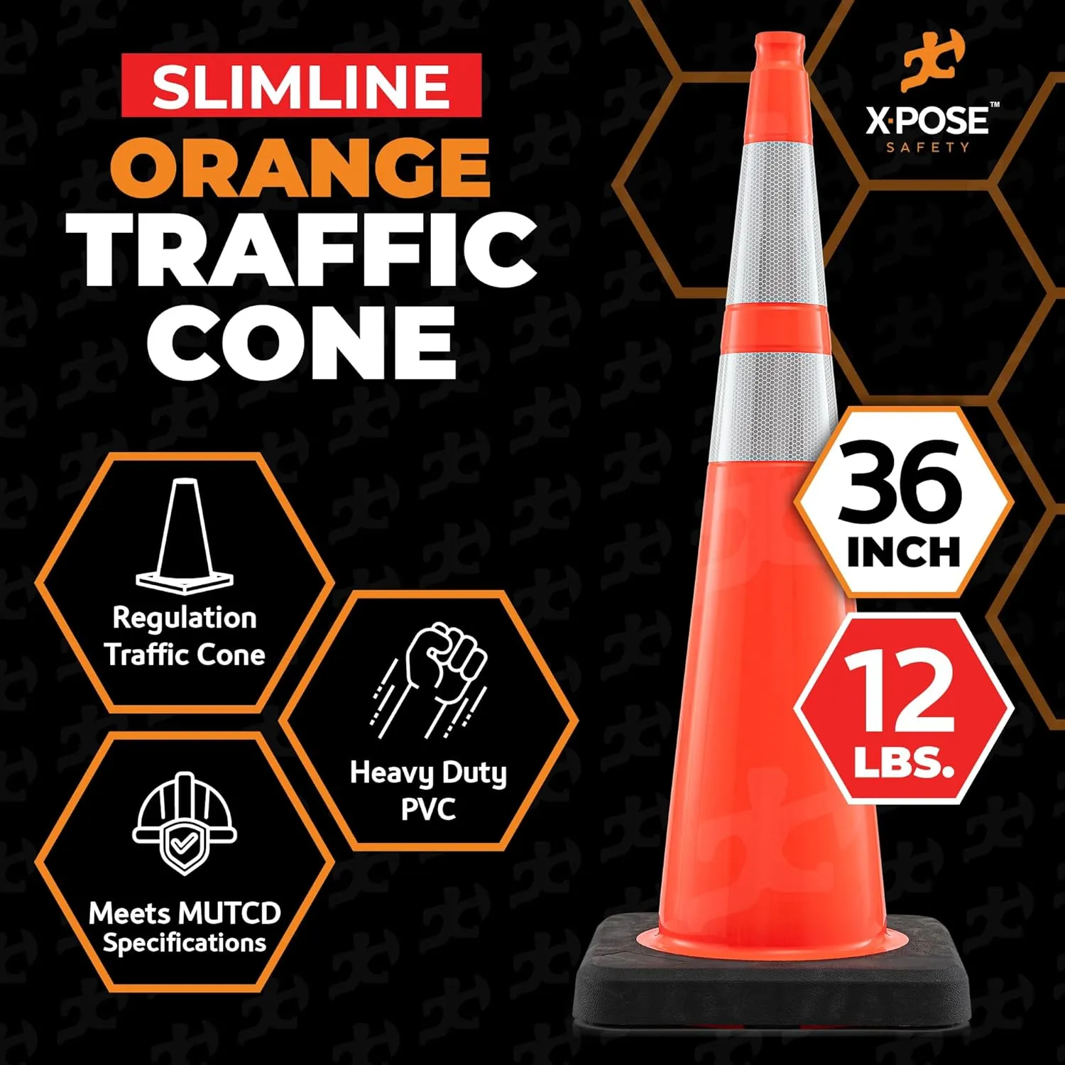 Xpose Safety 36 Inch Orange Slim Line Traffic Cones Heavy Duty 12lb with 6" & 4" Collars, 24 Pack Multipurpose PVC Plastic Safety Cone for Parking, Soccer, Caution, Kids and Construction