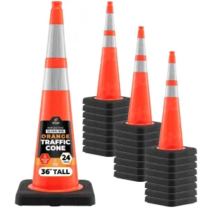 Xpose Safety 36 Inch Orange Slim Line Traffic Cones Heavy Duty 12lb with 6" & 4" Collars, 24 Pack Multipurpose PVC Plastic Safety Cone for Parking, Soccer, Caution, Kids and Construction