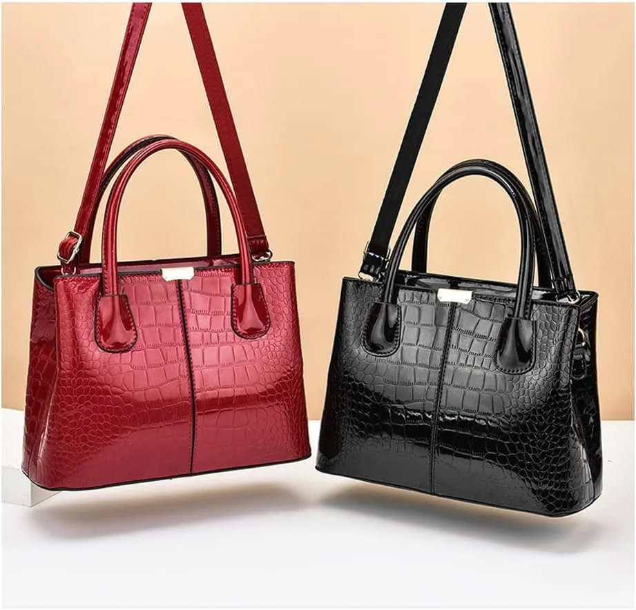 XXGJOALD-Women Handbags Classic Top Handle Purse Shiny Patent Leather Crocodile Pattern Totes Stylish Satchel Shoulder Bag