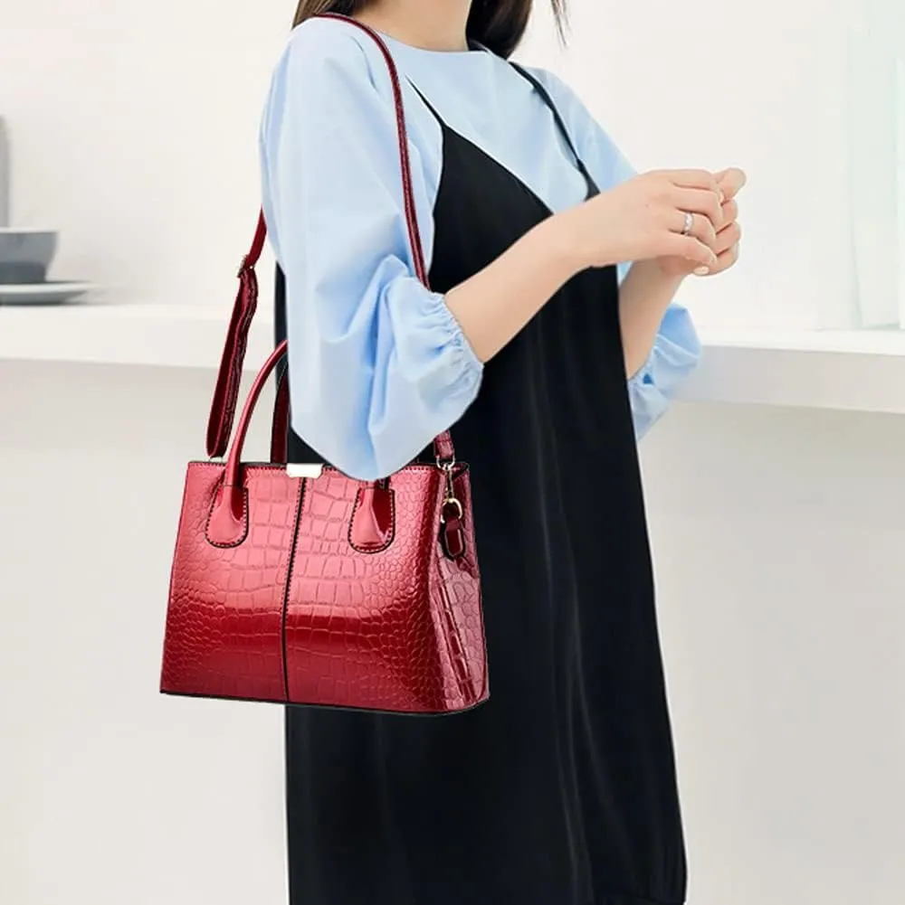 XXGJOALD-Women Handbags Classic Top Handle Purse Shiny Patent Leather Crocodile Pattern Totes Stylish Satchel Shoulder Bag