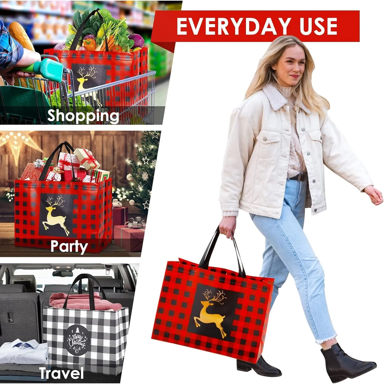 YANGTE 32 Pack Extra Large Christmas Gift Bags, Reusable Tote Bags with Handle Non-Woven Christmas Grocery Shopping Totes for Holiday Xmas, 16.9 * 12.6 * 6.8"