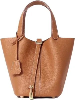 Yatoga Top Handle Satchel Genuine Leather Lock Design Bucket Bag Vegetable Basket, Fashionable and Versatile Shoulder Handbag