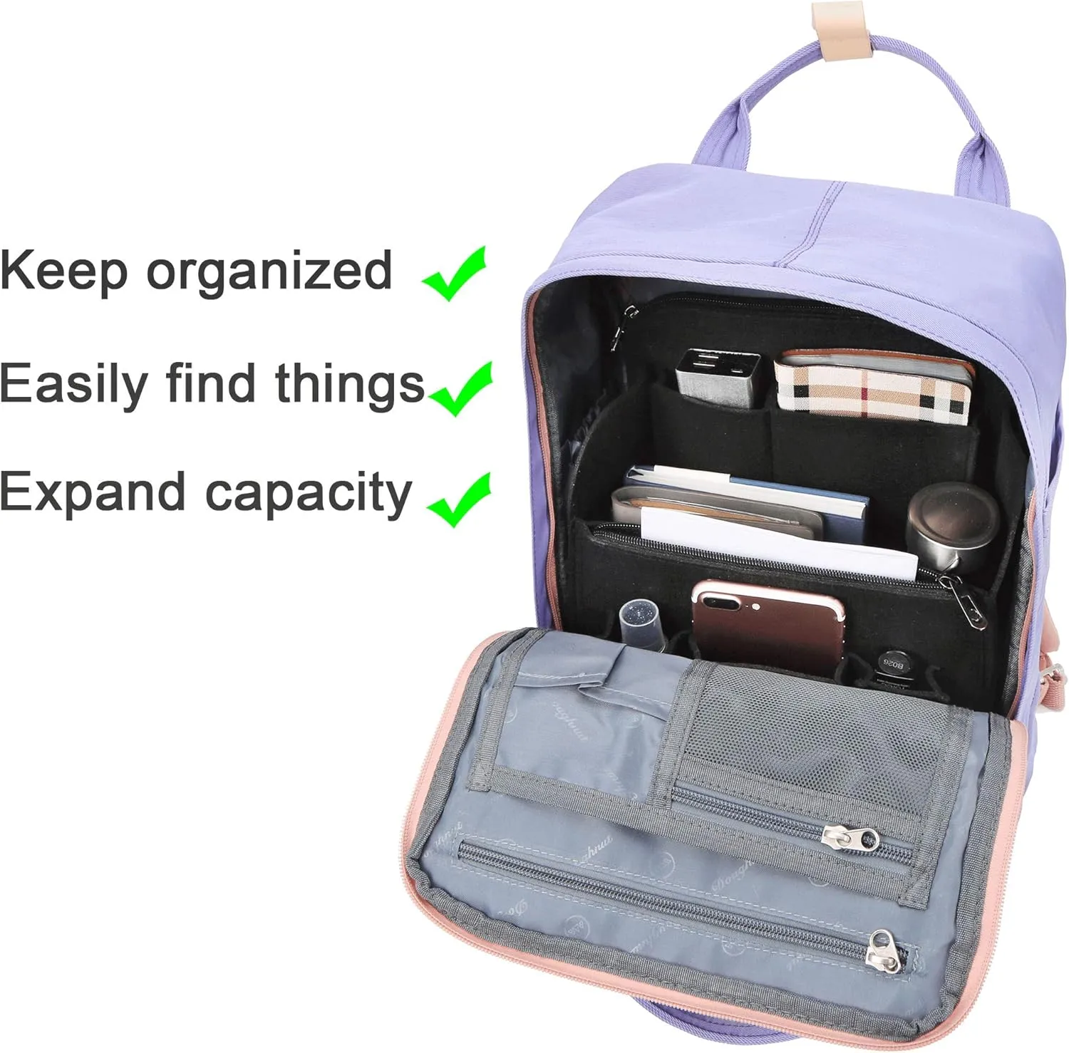 Yoillione Felt Backpack Organizer Insert for Women and Men, Large Travel Rucksack Insert with High Capacity, Lightweight Bag Organizer with Zipper Pocket