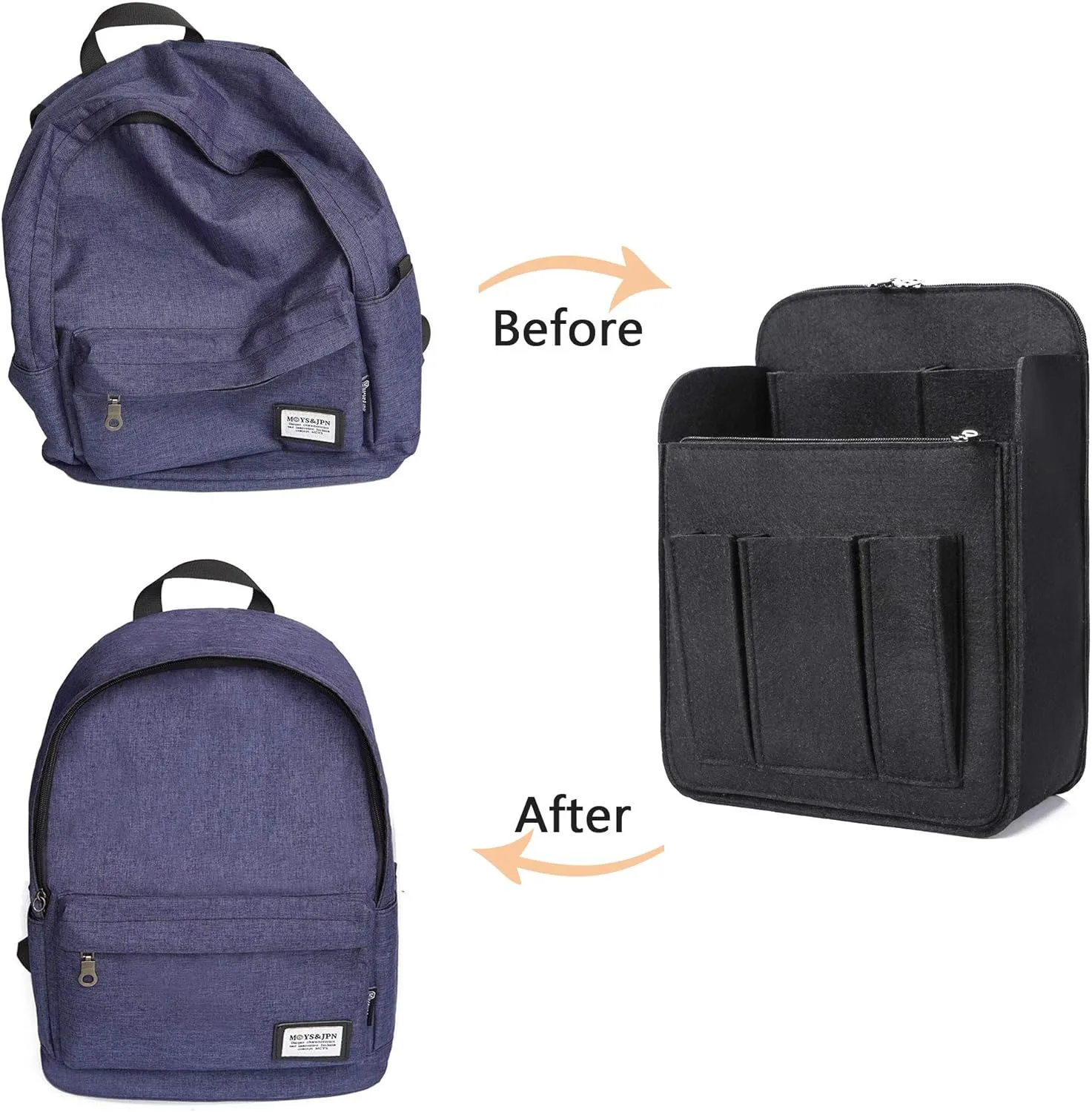 Yoillione Felt Backpack Organizer Insert for Women and Men, Large Travel Rucksack Insert with High Capacity, Lightweight Bag Organizer with Zipper Pocket