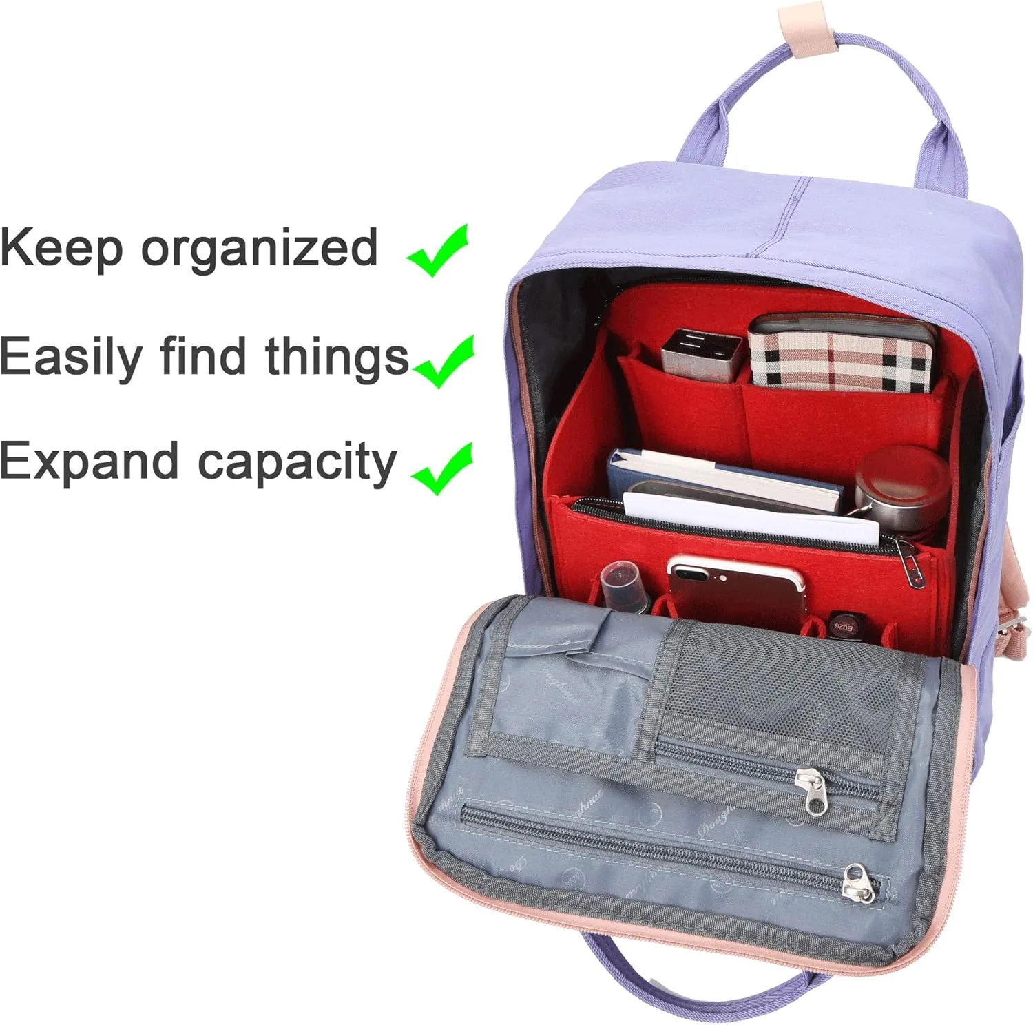 Yoillione Felt Backpack Organizer Insert for Women and Men, Large Travel Rucksack Insert with High Capacity, Lightweight Bag Organizer with Zipper Pockets