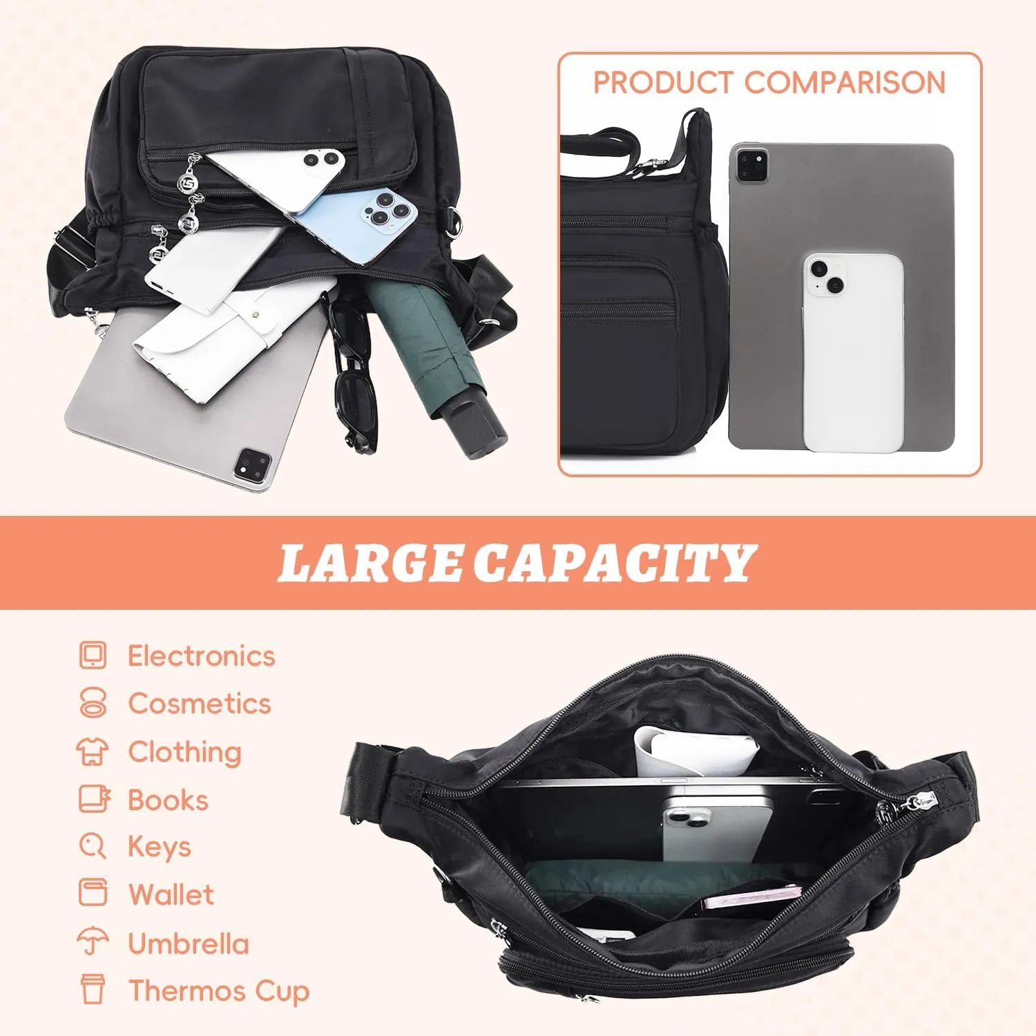 YouNuo Cross body Purse, Nylon Crossbody Bags for Women with Pockets and Compartments, Waterproof Crossbody Shoulder Handbags