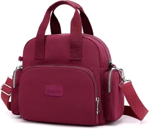 YouNuo Multipurpose Women Shoulder Handbag,Multi Pockets Bag Ladies Nylon Crossbody Purse,Fashion Tote,Convertible Backpack, Wine Red