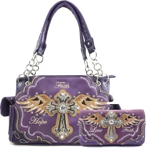 Zelris Faith Love Hope Cross Angel Wing Women Conceal Carry Handbag Wallet Set