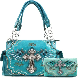 Zelris Faith Love Hope Cross Angel Wing Women Conceal Carry Handbag Wallet Set