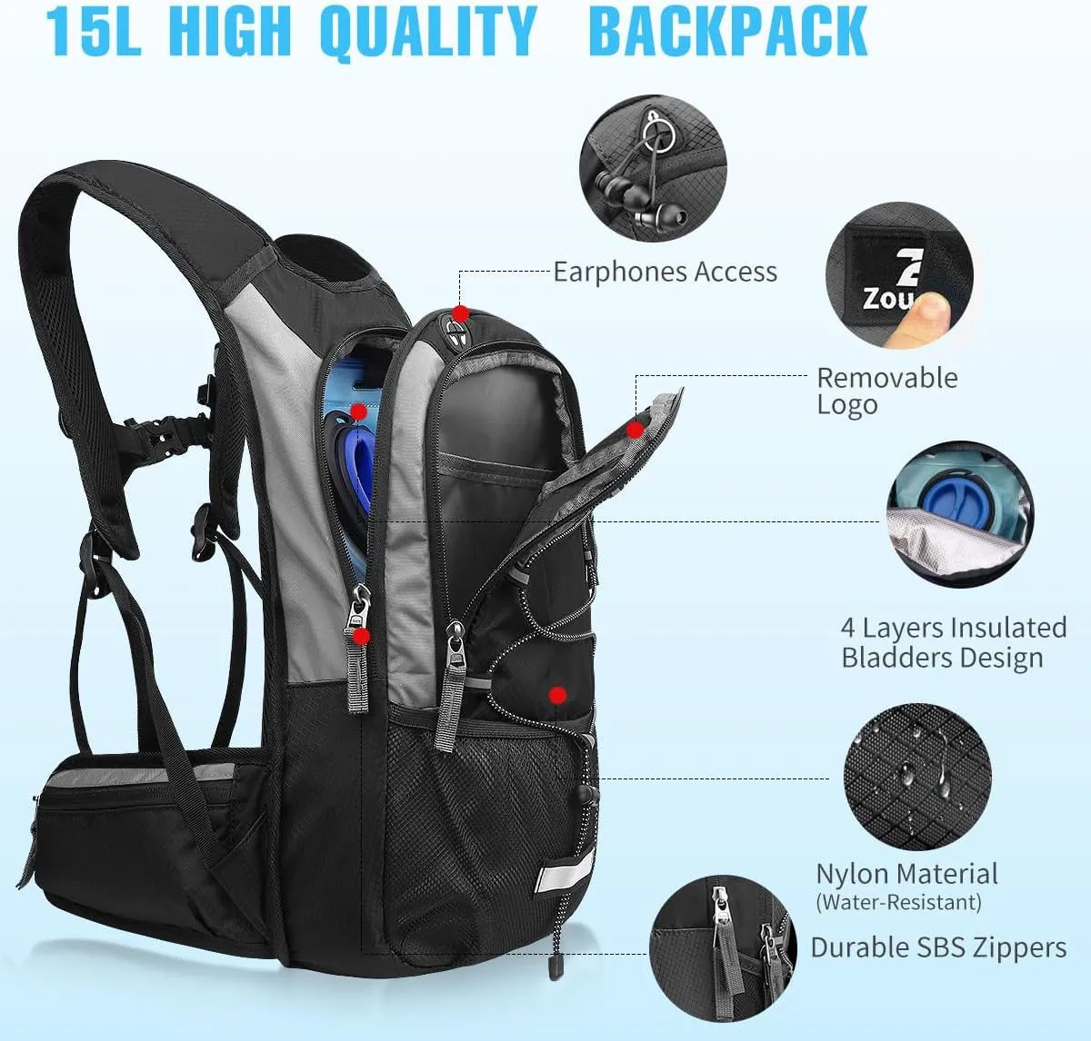 Zounich Hydration Backpack, Breathable Running Backpack with 3L Water Bladder, Large Capacity Hiking Rucksack Outdoors Hydration Bag Pack Perfect for Cycling Camping Fitness Climbing Fits Men & Women