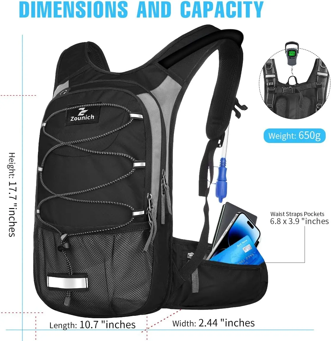Zounich Hydration Backpack, Breathable Running Backpack with 3L Water Bladder, Large Capacity Hiking Rucksack Outdoors Hydration Bag Pack Perfect for Cycling Camping Fitness Climbing Fits Men & Women