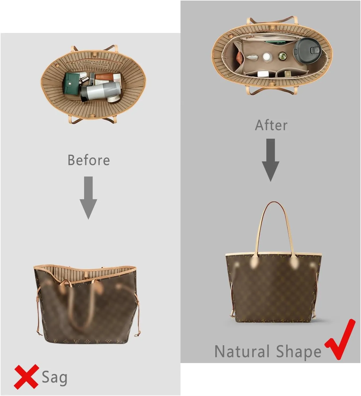 ZTUJO Purse Organizer Insert For Handbag & Tote Shaper,Tote Bag Organizer Insert For Speedy Neverful, 6 Sizes(Slender Large,Silky Beige)
