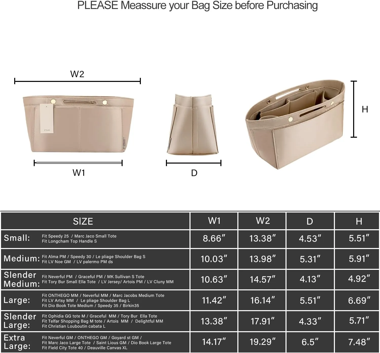 ZTUJO Purse Organizer Insert For Handbag & Tote Shaper,Tote Bag Organizer Insert For Speedy Neverful, 6 Sizes(Slender Large,Silky Beige)