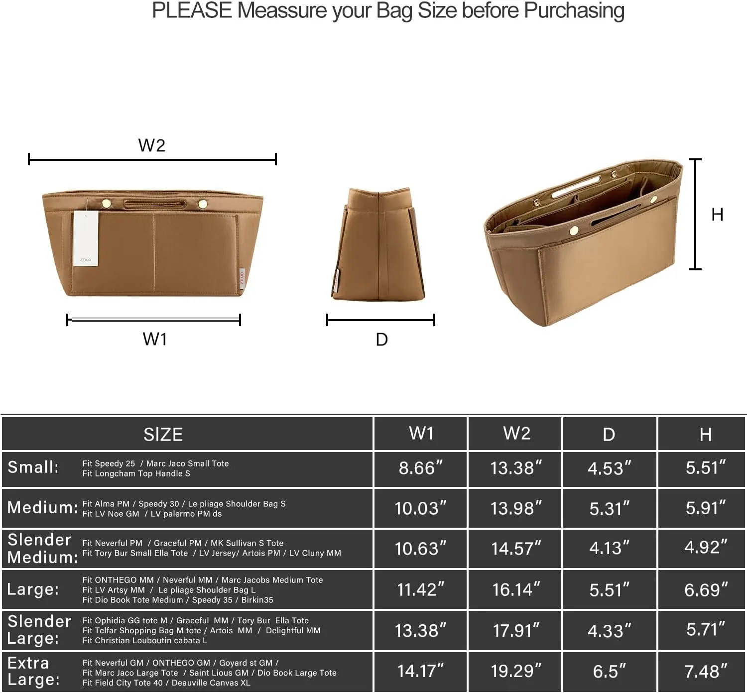 ZTUJO Purse Organizer Insert For Handbag & Tote Shaper,Tote Bag Organizer Insert For Speedy Neverful, 6 Sizes(Small, Silky Brown)