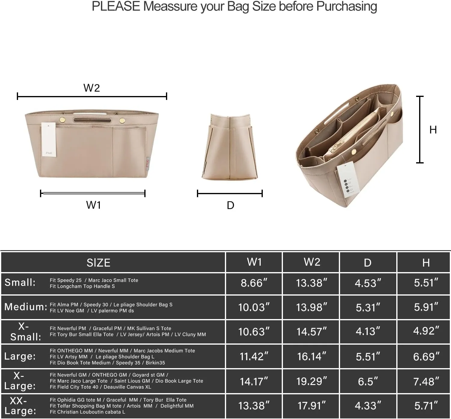 ZTUJO Purse Organizer Insert For Handbags, Silky Bag Organizer With 2 Zippers For Speedy Neverful Tote and More (Beige, Small)