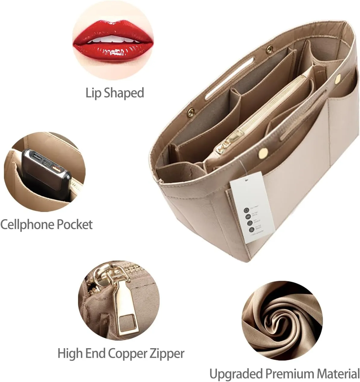 ZTUJO Purse Organizer Insert For Handbags, Silky Bag Organizer With 2 Zippers For Speedy Neverful Tote and More (Beige, Small)