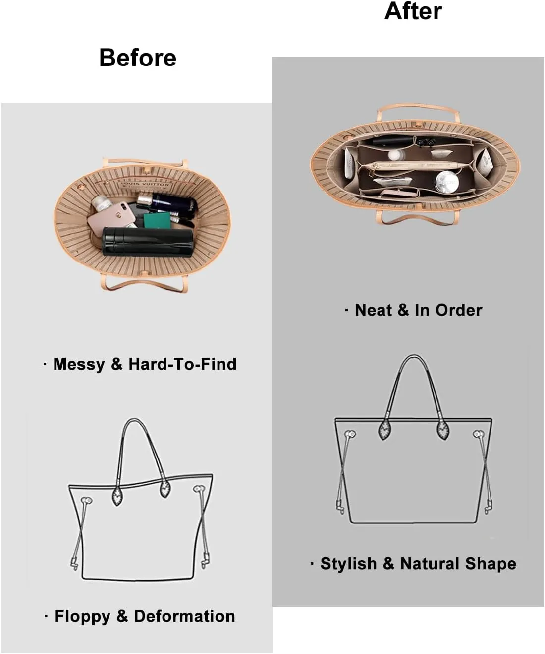 ZTUJO Purse Organizer Insert For Handbags, Silky Bag Organizer With 2 Zippers For Speedy Neverful Tote and More (Beige, Small)