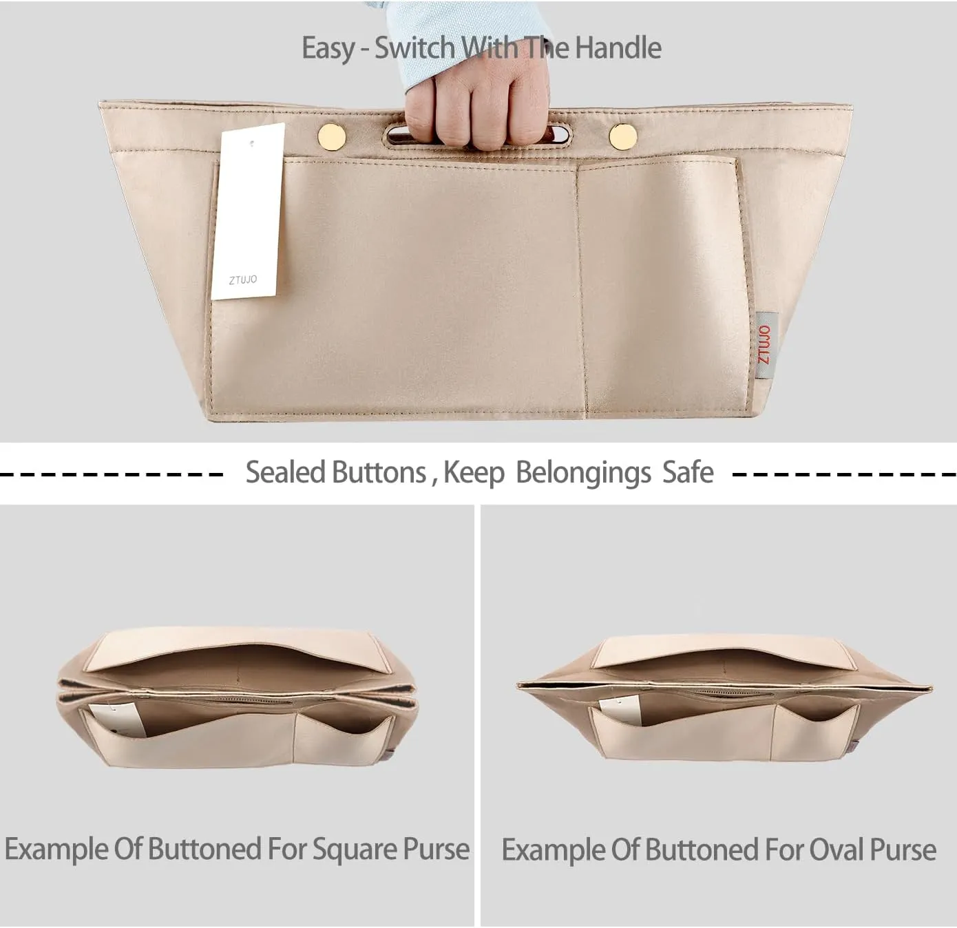 ZTUJO Purse Organizer Insert For Handbags, Silky Bag Organizer With 2 Zippers For Speedy Neverful Tote and More (Beige, Small)