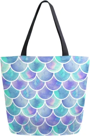 ZzWwR Beautiful Rainbow Scales of Mermaid Extra Large Canvas Market Beach Travel Reusable Grocery Shopping Tote Bag Portable Storage HandBags